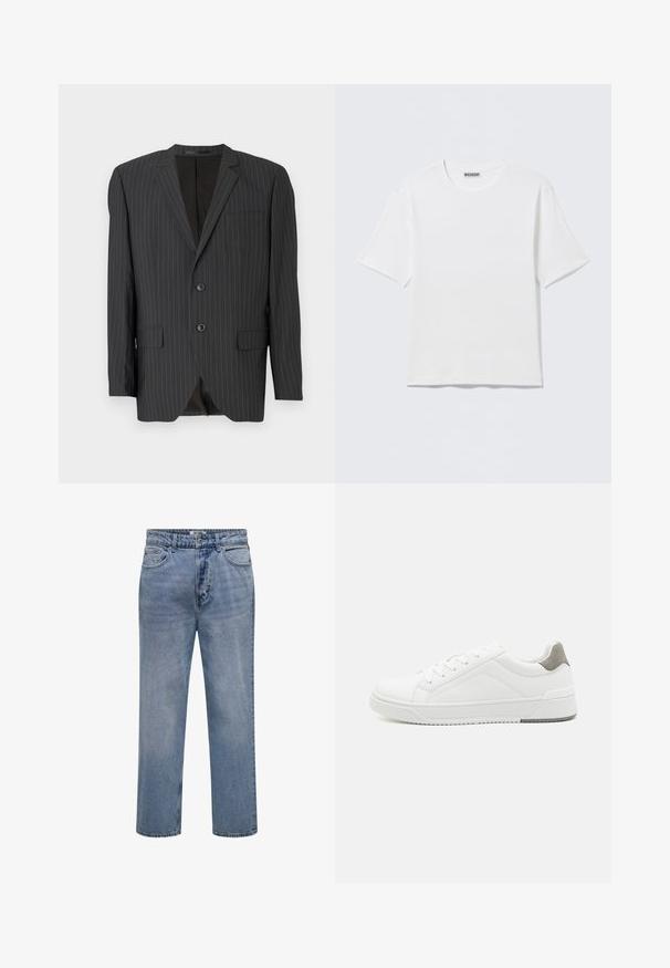 Blazer noir à rayures avec fermeture à deux boutons, revers crantés, poches latérales, poche poitrine simple et intérieur doublé. Coupe ajustée.; T-shirt blanc uni à manches courtes et col rond, avec une petite étiquette "WEEKDAY" à l'intérieur du col arrière, présenté à plat.; Jean droit en denim bleu clair avec fermeture par bouton et zip, poches à l’avant et à l’arrière.; Basket blanche en cuir lisse, à bout arrondi, design minimaliste, accent de talon gris et semelle en caoutchouc texturé.