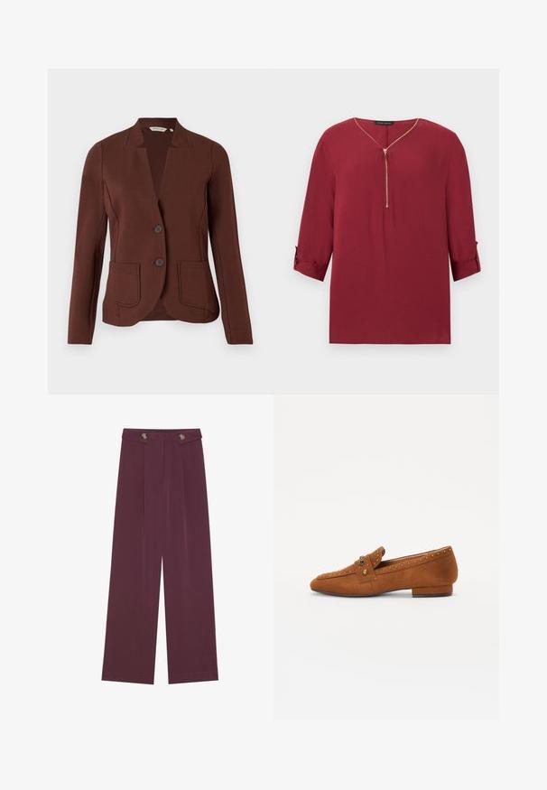 Blazer marron sur mesure en tissu côtelé, avec un col en pointe, deux poches avant et une fermeture à deux boutons.; Blouse bordeaux à manches longues avec demi-fermeture éclair dorée et poignets retroussés, présentant un col en V et une coupe décontractée.; Pantalons taille haute, jambes larges en prune profonde avec deux boutons à la taille et des poches latérales, présentés à plat sur un fond blanc.; Mocassins en suede marron avec un talon plat, un bout rond, et des clous décoratifs le long du dessus et de la bride. Design simple et classique.