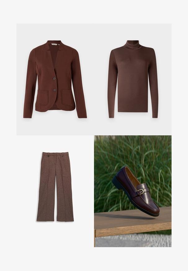 Blazer marron sur mesure en tissu côtelé, avec un col en pointe, deux poches avant et une fermeture à deux boutons.; Haut à manches longues couleur marron, en turtleneck, fabriqué dans un tissu lisse et extensible. Présente un col montant et une coupe ajustée, avec un ourlet net.; Pantalons large en marron, fabriqués à partir d'un tissu texturé. Comprend deux poches à l'avant et une coupe ajustée avec deux boutons à la taille.; Mocassin en cuir marron foncé avec détail de boucle dorée suspendu au-dessus d’un banc en bois, fond d’herbe verte.