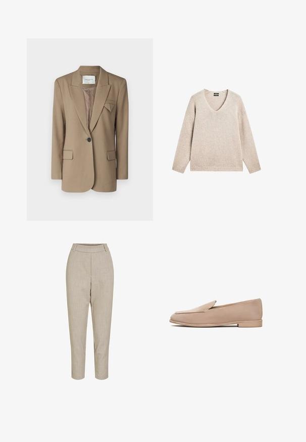 Brun blazer med et struktureret design, enkelt knaplukning, to forlomme og en trekantet akcent på kraven. Tekstureret stof.; Beige strikket V-hals sweater med lange ærmer og ribbestrikkede manchetter og bund, lagt fladt på hvid baggrund.; Bordeaux skræddersyede bukser med en glat tekstur, tilpasset talje og cropped design. Har et subtilt vævemønster og sidelommer.; Beige ruskind loafers med flad sål, en diskret spids tå og minimal syning langs kanterne. Glat tekstur hele vejen rundt.