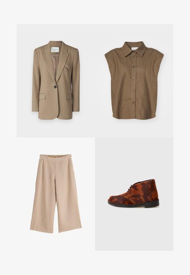 Brun blazer med et struktureret design, enkelt knaplukning, to forlomme og en trekantet akcent på kraven. Tekstureret stof.; Brun linned ærmeløs skjorte med knaplukning fortil, krave og en afslappet pasform. Bemærkelsesværdige funktioner inkluderer en let struktureret form og blød tekstur.; Beige vide bukser med elastisk taljebånd og sidelommer, lavet af letvægtsstof.; Brune ruskinds ankelstøvler med camouflage mønster, der har en rund tå, snørebåndslukning og en sort gummisål.