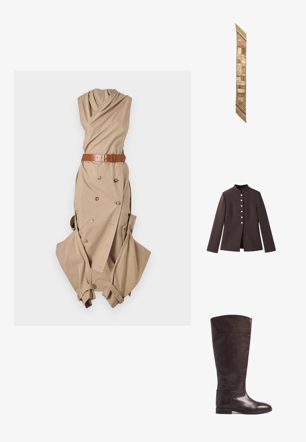 Chaqueta marrón oscura con un cuello alto, presenta un cierre frontal de seis botones con acentos de aspecto perlado y mangas largas. Ajuste entallado.; Vestido envolvente beige con escote fruncido, cinturón con hebilla plateada, detalle de botones de doble botonadura y mangas sueltas.; Bota marrón de cuero por encima de la rodilla con textura lisa, punta redondeada y tacón bajo de bloque. Presenta costuras mínimas y una silueta elegante.; Bufanda de seda con un patrón de bolsos marrones y beige con acentos dorados, sobre un fondo de panal y con un borde en beige.