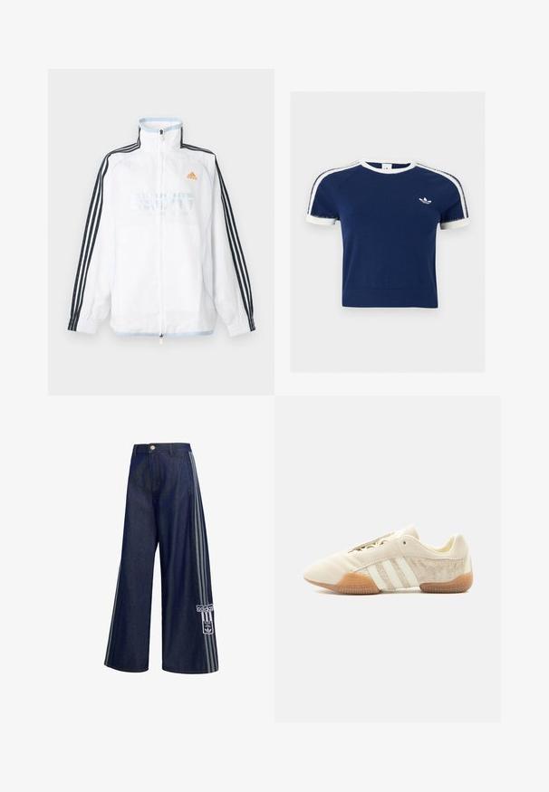 Λευκό μπουφάν Adidas με φερμουάρ και ψηλό γιακά, μαύρα μανίκια με τρεις ρίγες και πορτοκαλί λογότυπο στο στήθος.; Μπλε σκούρο πουκάμισο με κοντά μανίκια, λευκή επένδυση στον γιακά και στα μανίκια, λευκές ρίγες στους ώμους και μικρό λευκό λογότυπο Adidas στο στήθος.; Σκούρο μπλε τζιν παντελόνι με φαρδιά μπατζάκια και γκρι ρίγες στο πλάι, κούμπωμα με κουμπιά, τσέπες μπροστά και ταμπελάκι με το λογότυπο της Adidas στο αριστερό πόδι.; Αθλητικό παπούτσι χαμηλού προφίλ σε μπεζ απόχρωση με τρεις λευκές ρίγες, υφή σουέντ πλευρικών πάνελ, σόλα από καουτσούκ και κλείσιμο με κορδόνια πάνω σε μονόχρωμο φόντο.
