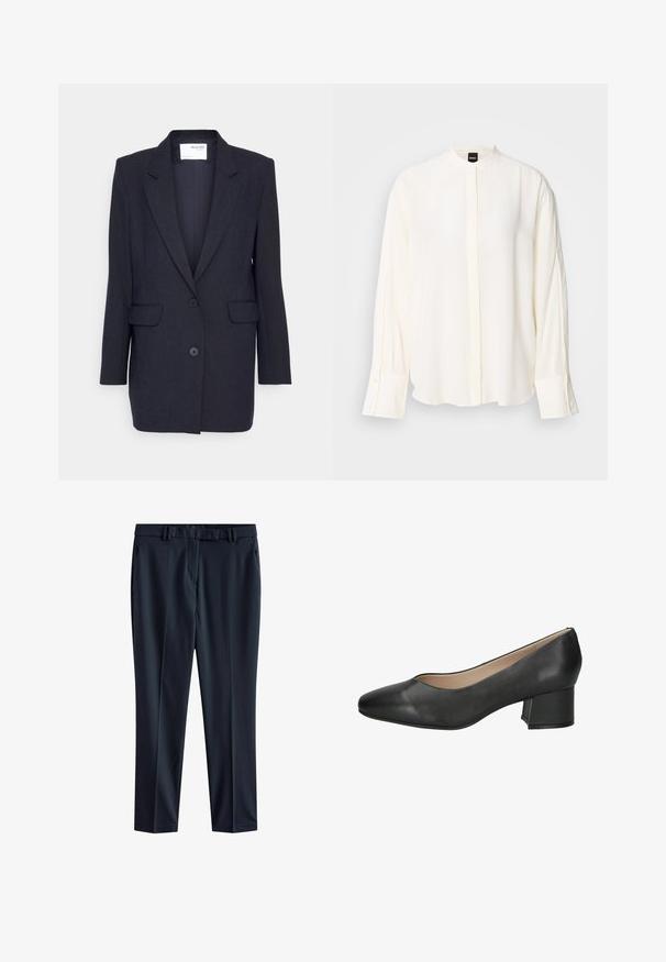 Donkerblauwe blazer van gestructureerde stof. Heeft een notch lapel, twee zijzakken en een dubbele knoopsluiting. Lange mouwen.; Lange mouwen, crèmekleurige blouse gemaakt van gladde stof; mandarina-kraag, voorste beleg, geruite manchetten en een losse pasvorm.; Marineblauwe broek van gladde stof met een rechte snit, voorzien van een tailleband met riemlussen en zijzakken.; Zwarte leren pump met een ronde neus, lage blokhak en een gladde textuur. Minimalistisch ontwerp zonder zichtbare versieringen of patronen.