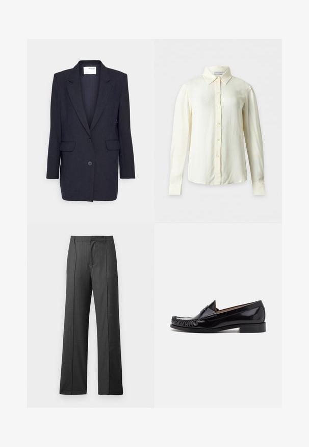 Mørkeblå blazer lavet af struktureret stof. Har en notch-lapel, to forlommer og dobbeltknaplukning. Lange ærmer.; Langærmet cremefarvet bluse med spids krave og knapper foran, vist på ensartet baggrund uden mønstre eller yderligere genstande.; Grå skræddersyede bukser med et nålestribet mønster, bred ben-design og flad front. Fremstillet af vævet stof med en glat tekstur.; Sorte læder moccasin sko med en skinnende finish, der har frynsedetaljer langs fronten og en lav stabelhælk.