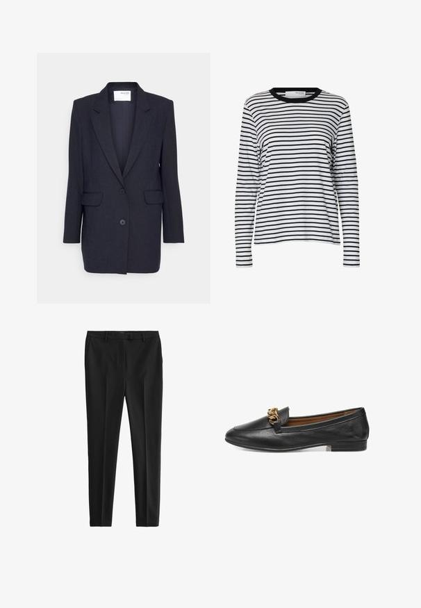 Donkerblauwe blazer van gestructureerde stof. Heeft een notch lapel, twee zijzakken en een dubbele knoopsluiting. Lange mouwen.; Witte lange mouwen overhemd met zwarte horizontale strepen en een zwarte ronde hals, weergegeven op een effen witte achtergrond.; Zwarte broek van gladde stof, met een getailleerde pasvorm, voorplooien en lussen voor een riem, voorzien van zij- en achterzakken.; Zwarte leren instapper met een platte zool, voorzien van een decoratieve gouden kettingaccent op de bovenkant. Gladde textuur met een slank, gestroomlijnd ontwerp.
