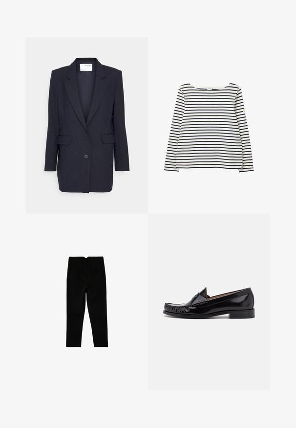Mørkeblå blazer lavet af struktureret stof. Har en notch-lapel, to forlommer og dobbeltknaplukning. Lange ærmer.; Hvid langærmet skjorte med horisontale marineblå striber og rund hals, lagt fladt på en hvid baggrund.; Sorte skræddersyede ankelkorte bukser med sidelommer og let tilspidset ben, vist fladt på en hvid baggrund.; Sorte læder moccasin sko med en skinnende finish, der har frynsedetaljer langs fronten og en lav stabelhælk.