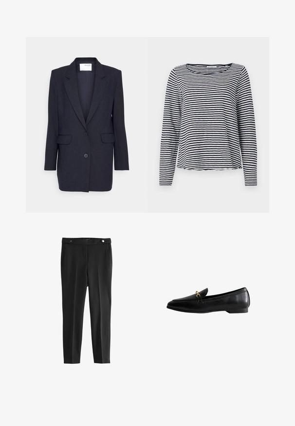 Mørkeblå blazer lavet af struktureret stof. Har en notch-lapel, to forlommer og dobbeltknaplukning. Lange ærmer.; Langærmet top i marineblå og hvide striber med rund halsudskæring og en afslappet pasform. Fremstillet af et let, tekstureret stof.; Sorte skræddersyede bukser med en glat tekstur, der har to frontlommer og en talje med to runde sorte knapper.; Sorte læder loafers med en spids tå, prydet med en guldfarvet spænde. Skoen har en lav hæl og en glat overflade.