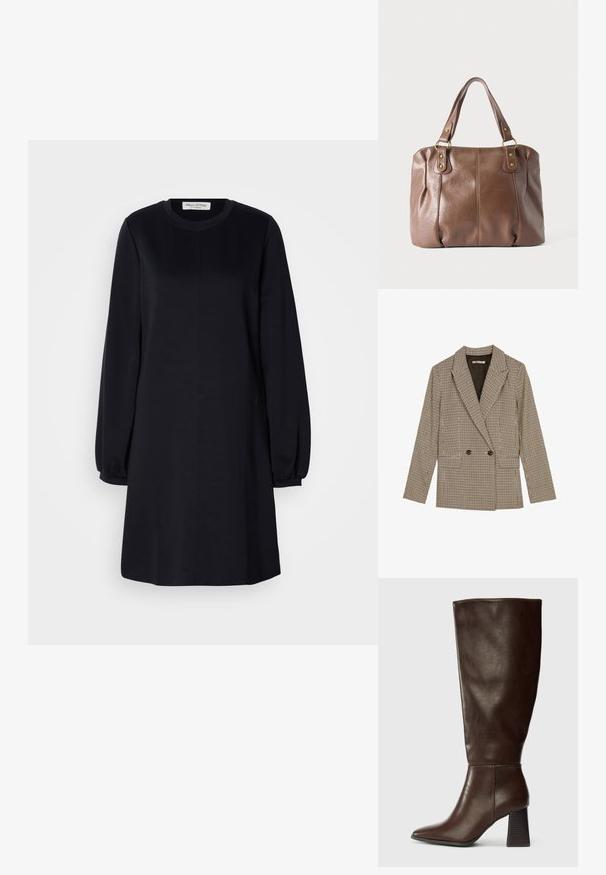 Dubbelzijdig blazer in een bruin en zwart geruit patroon, met gesneden revers, zijzakken en een licht gestructureerde stof.; Zwarte jurk met lange mouwen, ronde halslijn, relaxte pasvorm en gathered manchetten. Gladde stof met een eenvoudig, minimalistisch ontwerp.; Bruine leren knie-hoge laars met een spitse neus en een chunky, gestructureerde hak. Gladde afwerking met minimale stiksel-details.; Bruine leren handtas met twee schouderbanden bevestigd door goudkleurige ringen en klinknagels, afgebeeld tegen een effen lichte achtergrond.