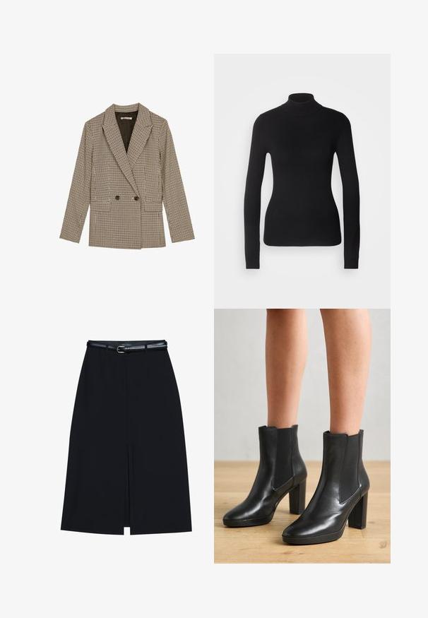 Dubbelzijdig blazer in een bruin en zwart geruit patroon, met gesneden revers, zijzakken en een licht gestructureerde stof.; Zwarte coltrui gemaakt van lichte brei stof. Heeft lange mouwen, een aansluitend design en een zachte ribbeltextuur.; Zwarte knie-lange rok met een vooraanstaande split, gemaakt van gladde stof. Heeft een dunne zwarte riem met een zilveren gesp en riemlussen.; Zwarte leren enkelboots met een blokhak, voorzien van elastische zijkanten, een gladde textuur en een slanke silhouet.