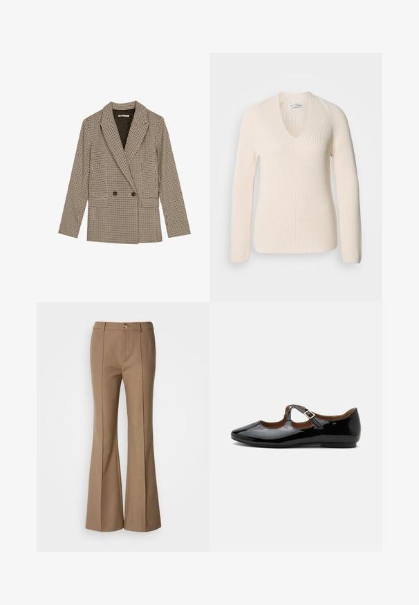 Dubbelzijdig blazer in een bruin en zwart geruit patroon, met gesneden revers, zijzakken en een licht gestructureerde stof.; Crème-kleurige gebreide trui met een V-hals, lange mouwen en ribbelstructuur, met een ontspannen pasvorm en zonder zichtbare patronen of accenten.; Bruine flared broeken met een gladde textuur, voorzien van een sluiting met een voorknop en verticale naden voor structuur.; Zwarte lakleren Mary Jane platte schoen met twee uitsparingen en een gouden gespbandje op een witte achtergrond.