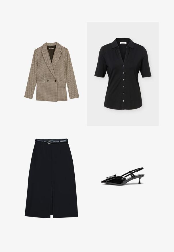 Dubbelzijdig blazer in een bruin en zwart geruit patroon, met gesneden revers, zijzakken en een licht gestructureerde stof.; Zwart overhemd met korte mouwen en knopen, een kraag, zes knopen aan de voorkant en een licht getailleerd silhouet.; Zwarte knie-lange rok met een vooraanstaande split, gemaakt van gladde stof. Heeft een dunne zwarte riem met een zilveren gesp en riemlussen.; Zwarte gepatineerde lederen slingback hakken met een puntige neus, een strikdetail aan de voorkant en een kleine stilettohak. De bandjes hebben verstelbare gespen.