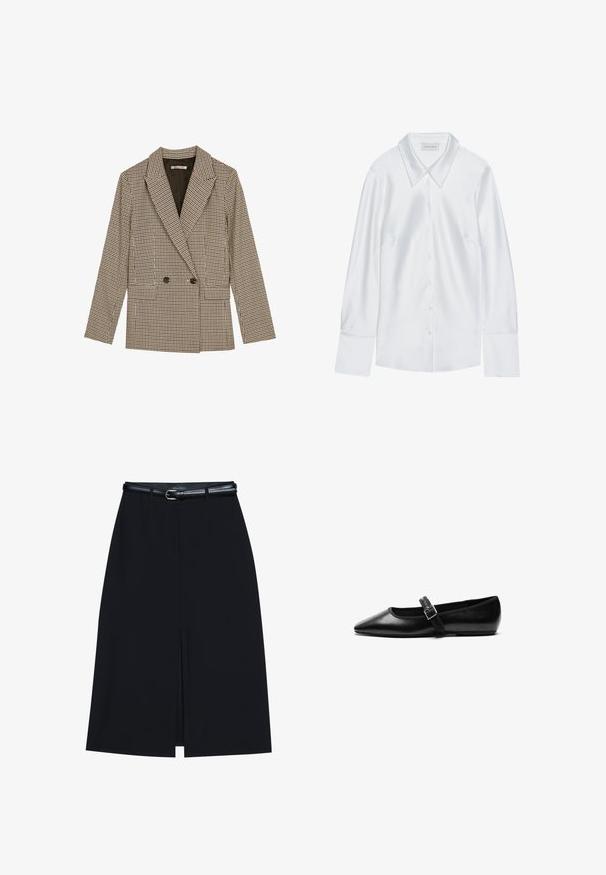 Blazer croisé en motif carreaux marron et noir, avec des revers crantés, des poches latérales et un tissu légèrement texturé.; Chemise blanche à manches longues avec un col classique, dotée d'une fermeture à boutons sur le devant et d'une texture lisse, fabriquée en tissu léger avec un éclat subtil.; Jupe noire à mi-cuisse avec une fente frontale, fabriquée en tissu lisse. Comprend une fine ceinture noire avec une boucle en argent et des passants.; Chaussure noire plate en cuir avec un bout pointu, bride réglable avec une boucle en métal, texture lisse et design minimaliste.
