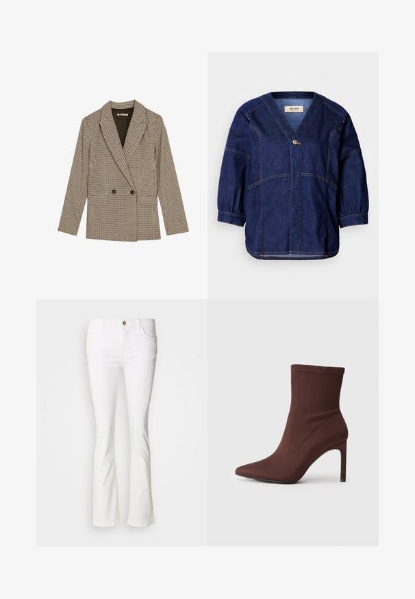 Dubbelzijdig blazer in een bruin en zwart geruit patroon, met gesneden revers, zijzakken en een licht gestructureerde stof.; Donkerblauwe denim jack met een V-hals, wijde mouwen en gathered manchetten. Voorzien van contrasterende stiksels en een enkele voorknoopdecoratie.; Witte wijde jeans met vijf zakken, een knoop- en ritssluiting, en zichtbare stiksels. Gemaakt van denimstof met een gladde textuur.; Bruine elastische stof enkellaars met spitse neus en 10 cm hoge stilettohak. Naaddetails aan de zijkanten, gladde textuur en geen zichtbare sluitingen.