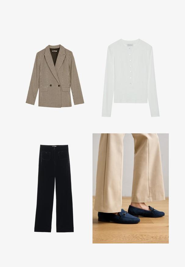 Dubbelzijdig blazer in een bruin en zwart geruit patroon, met gesneden revers, zijzakken en een licht gestructureerde stof.; Witte lange mouwen top van ribstof, met een ronde halslijn en een knopenfront met zes doorzichtige knopen.; Zwarte fluwelen wijde broek met twee achterzakken en een gladde textuur, met een rechte snit en afgewerkte zoom bij de enkels.; Marineblauwe suede instappers met een ronde neus, een kleine hak en zilveren hardware detail over de bovenkant. Gecombineerd met beigekleurige wijde broek.