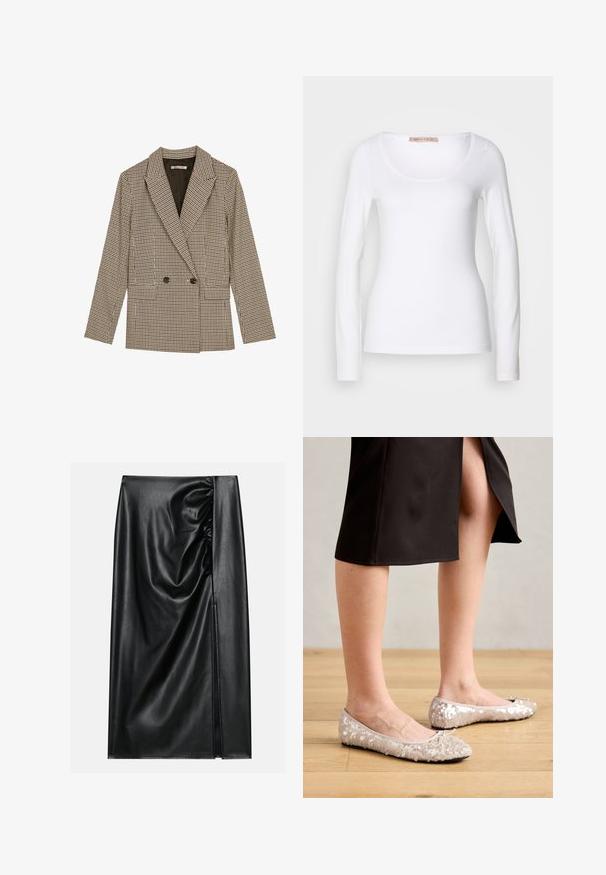 Blazer croisé en motif carreaux marron et noir, avec des revers crantés, des poches latérales et un tissu légèrement texturé.; T-shirt en coton blanc à manches longues, avec un col rond et une coupe ajustée, au toucher doux et sans ornement.; Jupe en cuir noir avec une texture lisse, présentant une section froncée sur un côté et une fente sur le côté pour un détail supplémentaire.; Ballerines en sequins beiges avec un bout rond, ornées d'un accent nœud, associées à une jupe noire, exposées sur un sol en bois.