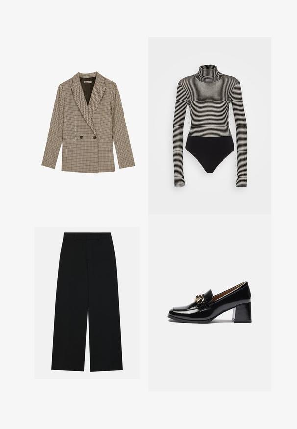 Blazer croisé en motif carreaux marron et noir, avec des revers crantés, des poches latérales et un tissu légèrement texturé.; Anna Field by Zalando T-shirt à manches longues - black/beige; Pantalons noirs à jambe large en tissu lisse. Dotés d'une taille plate avec passants de ceinture et sans poches visibles. Design simple.; Mocassins à talons en cuir verni noir avec un bout arrondi, un talon plus épais et un accent en métal doré sur la sangle avant.