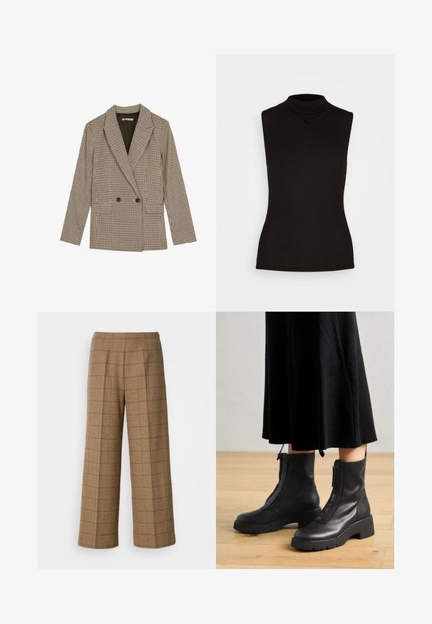 Blazer croisé en motif carreaux marron et noir, avec des revers crantés, des poches latérales et un tissu légèrement texturé.; Haut sans manches noir à col roulé fabriqué en tissu côtelé, présentant un col haut et une silhouette ajustée. Pas de motifs ni d'accents.; Pantalons larges à carreaux marron avec une coupe ajustée, présentant un tissu texturé et des plis avant pour une structure supplémentaire.; Bottines en cuir noir avec une semelle plateforme épaisse et une fermeture éclair à l'avant. Texture lisse avec un design minimaliste.
