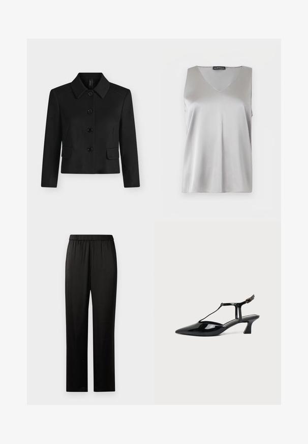Veste noire à manches longues et col, avec quatre gros boutons et deux poches à rabat sur le devant, présentée sur un fond clair et uni.; Haut sans manches en satin argenté avec col en V et étiquette Emporio Armani sur fond blanc.; Pantalons noirs à jambes droites avec ceinture élastique, en tissu lisse, sans poches ni embellissements visibles, présentés sur un fond blanc.; Chaussure slingback en cuir verni noir à bout pointu avec bride en T et petit talon bloc incliné sur fond blanc.