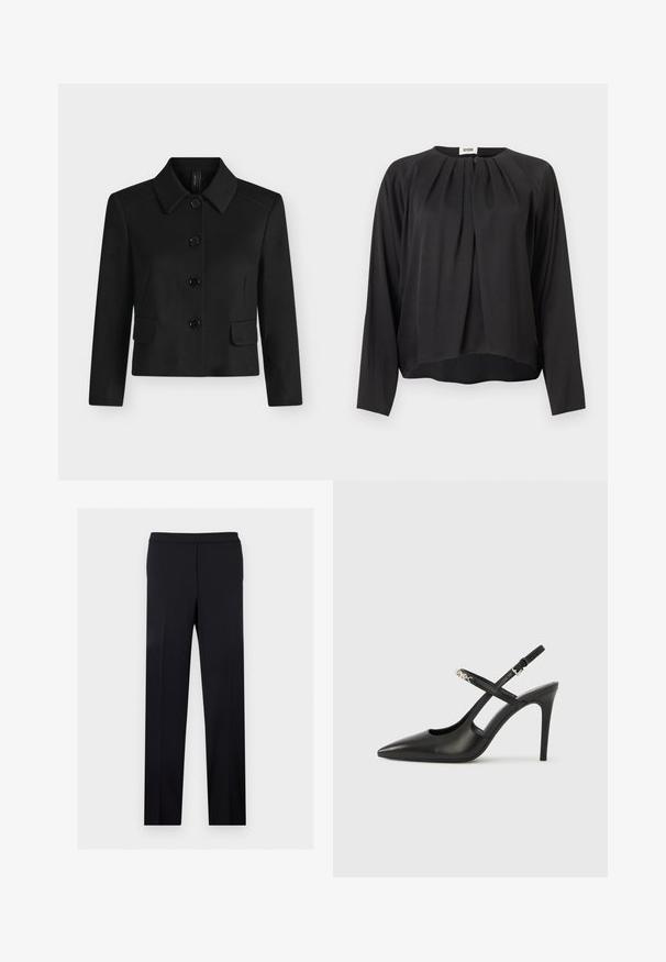Veste noire à manches longues et col, avec quatre gros boutons et deux poches à rabat sur le devant, présentée sur un fond clair et uni.; Blouse noire à manches longues avec détail plissé à l'avant, encolure ronde et ourlet légèrement arrondi, présentée sur un fond clair uni.; Pantalon habillé noir coupe droite, taille plate et plis repassés, présenté sur un fond clair uni.; Escarpins slingback en cuir noir avec bout pointu, design ajouré et bride ajustable ornée de ferrures métalliques.