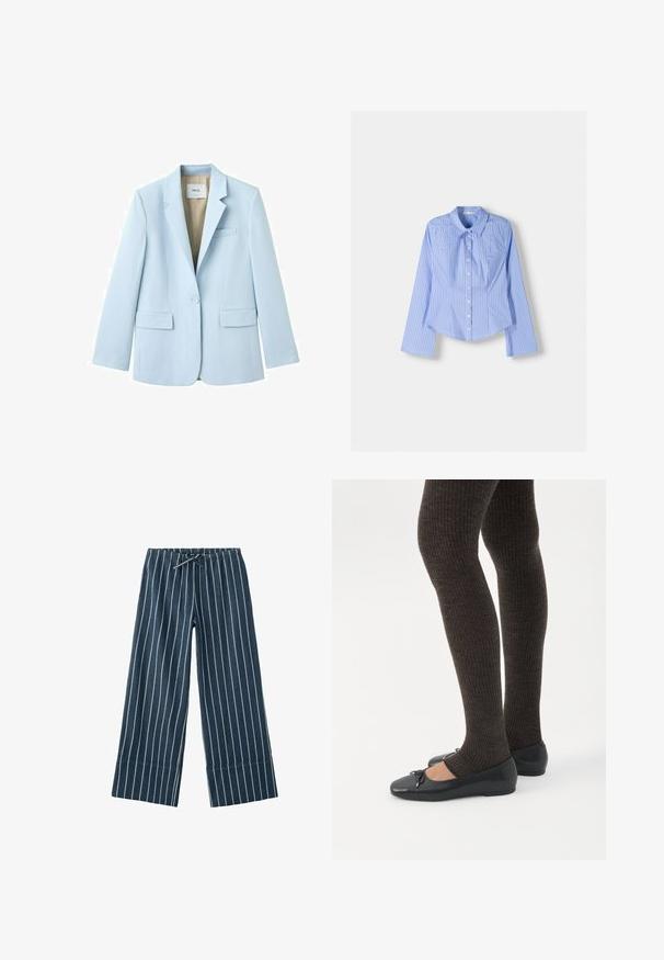 Veste bleu clair à un seul bouton avec revers crantés, deux poches à rabat et une poche poitrine passepoilée, doublée en tissu beige.; Chemise à manches longues rayée bleue et blanche, avec col évasé, coupe ajustée et ourlet arrondi. Matière en coton texturé.; Pantalon bleu marine à jambes larges avec rayures verticales blanches, ceinture élastique et fermeture devant par cordon.; Jambes portant des leggings côtelés foncés associés à des ballerines noires avec de petits détails en nœud sur fond blanc.