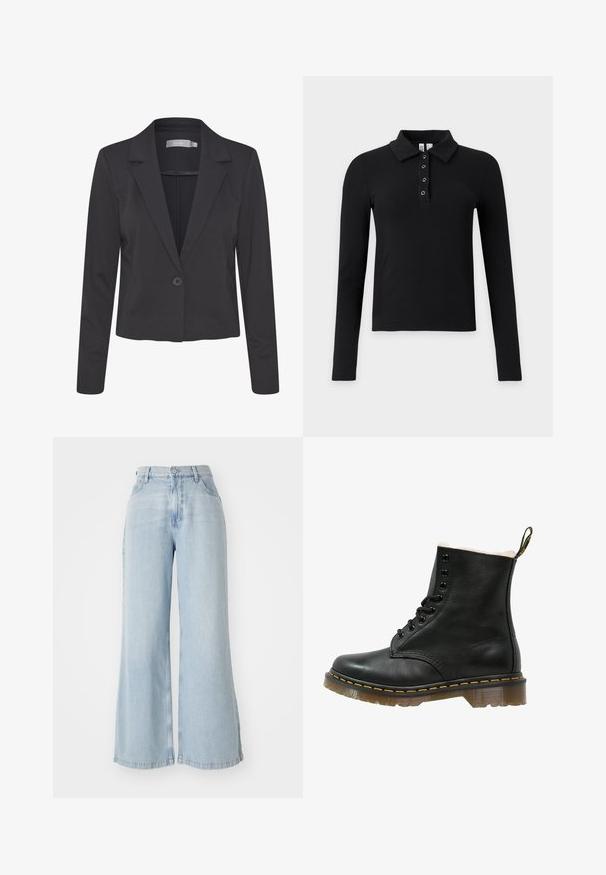 Zwarte op maat gemaakte blazer van gladde stof, met een notch-kraag, een enkele knoopsluiting en lange mouwen.; Zwart geribd poloshirt met lange mouwen, kraag en vier metalen drukknopen op de knopenlijst.; Lichtblauwe wijde jeans van denim. Heeft een hoge taille, sluiting met voorknop en twee zijzakken. Versleten textuur langs de randen.; Zwarte leren enkelboot met een zachte witte voering, ronde neus, zes veterogen, gele stiksels en een doorschijnende rubberen zool.