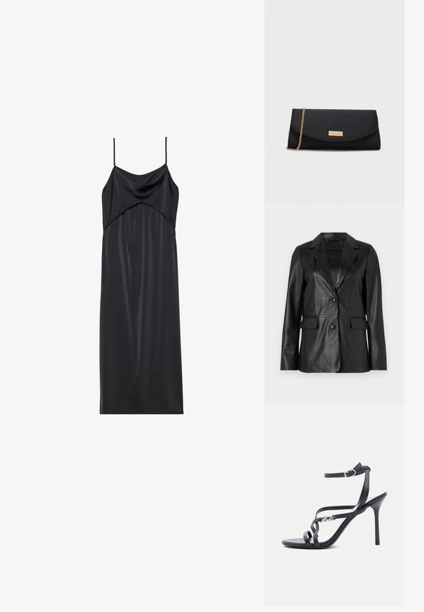 Blazer en cuir noir avec col cranté, deux poches avant, fermeture à bouton unique et texture lisse. Coupe ajustée avec manches longues.; Robe nuisette en satin noir avec de fines bretelles spaghetti, un décolleté drapé et une silhouette droite. Texture lisse et design minimaliste.; Sandale à talon noir avec fines lanières, boucle à la cheville et détail logo en métal sur la lanière latérale, sur fond blanc.; Pochette noire avec une chaîne dorée et une petite plaque rectangulaire dorée sur le rabat avant.