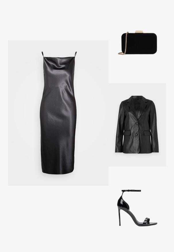 Blazer en cuir noir avec col cranté, deux poches avant, fermeture à bouton unique et texture lisse. Coupe ajustée avec manches longues.; Samsøe Samsøe FREDERICKA LONG DRESS - Robe de soirée - ombre dark; ESTRO Sandales - black; Pochette en velours noir avec quincaillerie dorée, de forme rectangulaire, et une bandoulière en chaîne, présentant une texture lisse et sans motifs visibles.