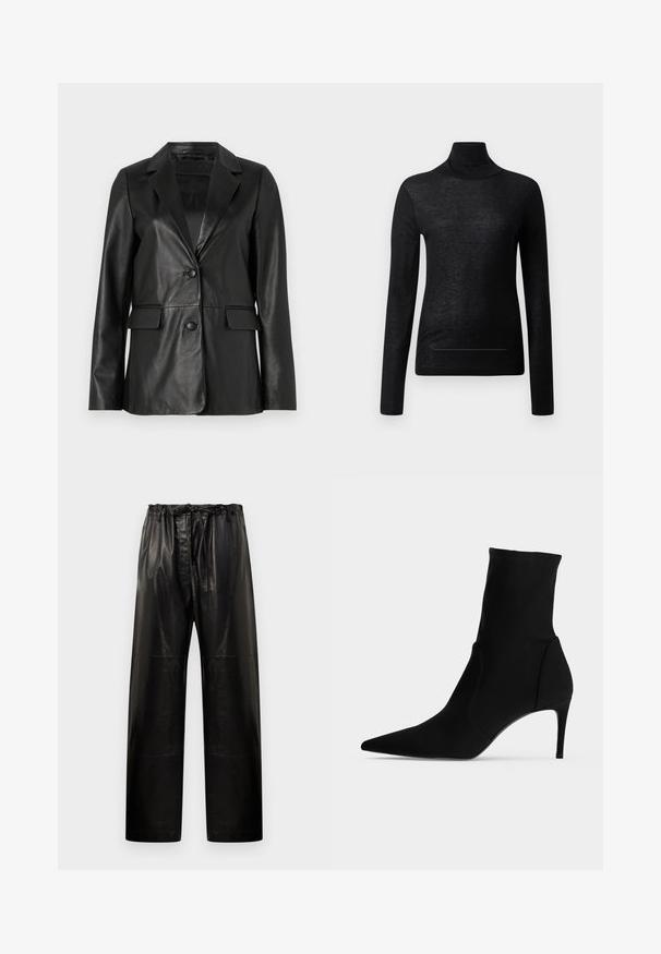 Blazer en cuir noir avec col cranté, deux poches avant, fermeture à bouton unique et texture lisse. Coupe ajustée avec manches longues.; Haut noir à manches longues et col roulé en tissu léger, avec une coupe ajustée et des détails de couture minimaux, idéal pour le superposition.; Pantalons en cuir noir avec une coupe décontractée, taille élastique et cordon de serrage. Présente une texture lisse et un design à jambes larges.; Bottine noire à bout pointu et talon haut et fin, présentée de profil sur fond clair. Design épuré et minimaliste.