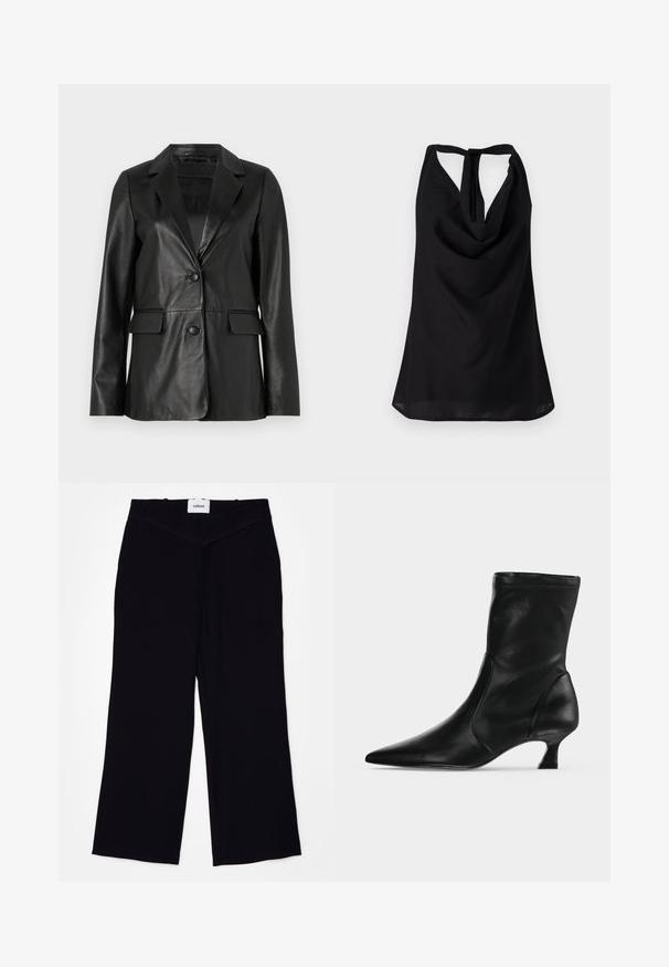Blazer en cuir noir avec col cranté, deux poches avant, fermeture à bouton unique et texture lisse. Coupe ajustée avec manches longues.; Top noir sans manches avec un décolleté drapé, un dos nu avec une fermeture à lien, et une silhouette fluide. Fabriqué en tissu léger.; Pantalons larges noirs en tissu lisse. Dotés d'une taille plate avec passants de ceinture et d'une finition soignée aux ourlets.; Botte mi-mollet en cuir noir avec bout pointu et petit talon kitten, vue de profil sur un fond clair uni.