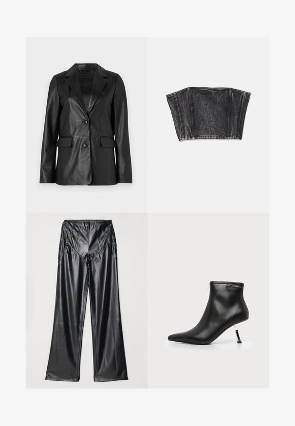 Blazer en cuir noir avec col cranté, deux poches avant, fermeture à bouton unique et texture lisse. Coupe ajustée avec manches longues.; Bustier en denim noir au design structuré, avec des coutures verticales et une forme ajustée et courte. Surface texturée avec un léger dégradé.; Pantalons en simili cuir noir avec une texture lisse, des jambes larges et des coutures le long de la taille et des côtés. Présentation à plat.; Bottine en cuir noir avec un bout pointu et un talon aiguille argenté brillant sur fond blanc.