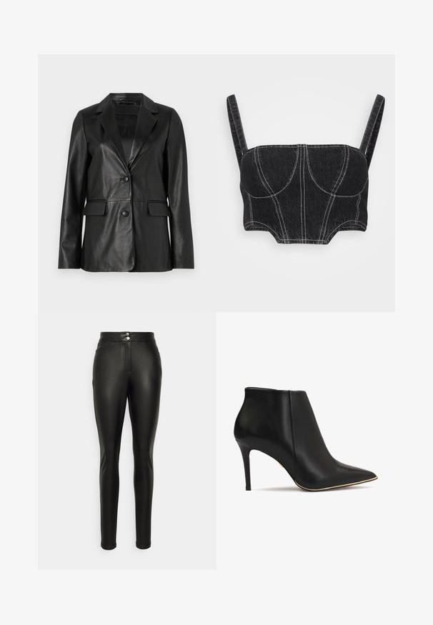 Blazer en cuir noir avec col cranté, deux poches avant, fermeture à bouton unique et texture lisse. Coupe ajustée avec manches longues.; Top court en denim noir avec bretelles fines, présentant des coutures blanches, un buste structuré et des coutures courbées. Texture lisse et design ajusté.; Pantalons skinny en simili cuir noir à taille haute, avec deux poches avant et une fermeture à bouton à la taille. Texture lisse.; Bottine en cuir noir avec un bout pointu, un haut talon aiguille et un accent doré le long de la semelle. Texture lisse et design épuré.