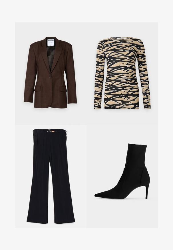 Hnedý patterned blazer vyrobený z textúrovanej tkaniny, s jedným gombíkom na zapínanie, špicatými klopami a dvoma prednými vreckami. Viditeľná čierna podšívka.; Dlhý rukáv s čiernym a béžovým abstraktným vlnitým vzorom na hladkej, elastickej tkanine. Fitrý dizajn s okrúhlym výstrihom a úzkymi rukávmi.; Čierne rozšírené nohavice vyrobené z mäkkej látky, s elastickým pásom a bočnými vreckami. Dizajn zahŕňa hladký povrch bez viditeľných vzorov.; Čierna členková čižma s ostrou špičkou a tenkým vysokým podpätkom, zobrazená z profilu na svetlom pozadí. Elegantný, minimalistický dizajn.