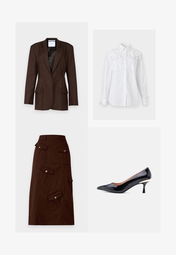 Bruine blazer met een patroon, gemaakt van textuurstof, met een enkele knoopsluiting, puntige revers en twee voorzakken. Zwarte voering zichtbaar.; Witte blouse met lange mouwen, knoopsluiting, kraag en twee borstzakken, elk voorzien van een decoratieve strik vlak bij de bovenkant.; Bruine knie-lange rok van katoen met meerdere flapzakken en gouden knopen, met een aansluitende tailleband. Soepele textuur.; Zwart lakleren kitten heel schoen met spitse neus en gouden accent aan de achterkant van de hak, afgebeeld op een witte achtergrond.