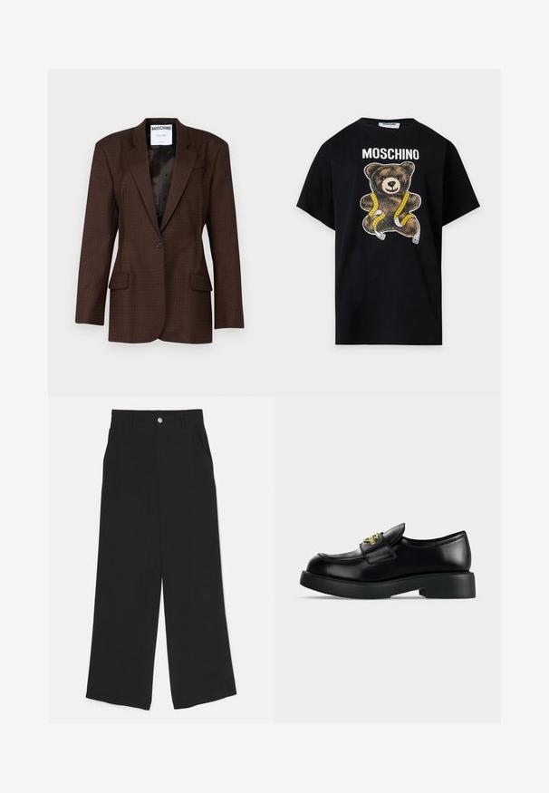 Hnedý patterned blazer vyrobený z textúrovanej tkaniny, s jedným gombíkom na zapínanie, špicatými klopami a dvoma prednými vreckami. Viditeľná čierna podšívka.; Čierne tričko Moschino s medvedíkom zabaleným v žlto-bielej meracej páske vytlačenej pod názvom značky.; Čierne široké nohavice vyrobené z látky s hladkou textúrou, s prednými vreckami a jedným gombíkom na zapínanie v páse.; Čierny kožený mokasín s hrubou podrážkou a zlatou dekoratívnou sponou na boku na svetlom jednofarebnom pozadí.
