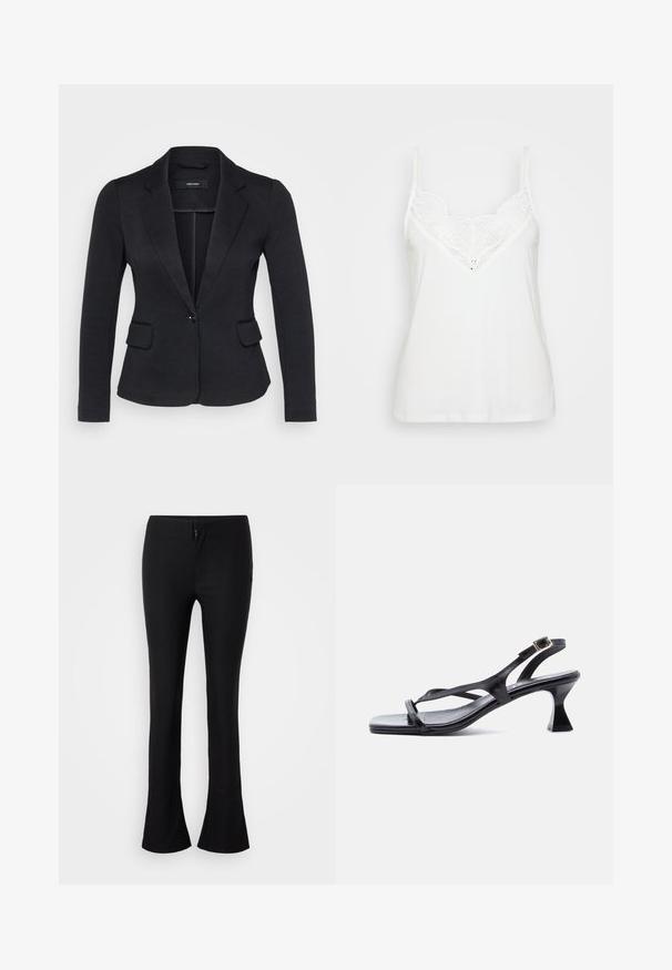 Blazer noir avec une coupe ajustée, deux poches avant, fermeture à un bouton et revers crantés, fabriqué à partir d'un tissu texturé.; Débardeur blanc à fines bretelles, avec un décolleté en V en dentelle et une texture lisse. Forme simple et ajustée sans motifs supplémentaires.; Pantalons évasés noirs en tissu lisse, dotés d'une taille cintrée avec une fermeture éclair sur le devant. Design simple sans motifs ou accents supplémentaires.; Sandale femme en cuir noir avec fines lanières, bout carré, boucle de cheville réglable et talon mi-hauteur évasé.