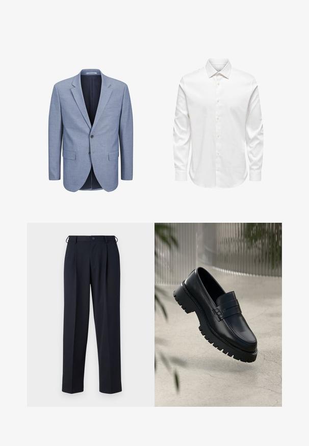 Blazer bleu clair en tissu texturé, à boutonnage simple, avec un col cranté, deux poches avant et une doublure intérieure bleu marine.; Chemise blanche pour homme à manches longues avec col pointu et rangée avant de boutons blancs sur fond uni.; Pantalon bleu marine sur mesure avec fermeture devant par bouton et zip, passants de ceinture et poches latérales, présenté sur un fond blanc.; Mocassins en cuir noir avec une semelle à crampons épaisse, dotés d'une sangle décorative et de détails de couture. Texture lisse avec une finition polie.