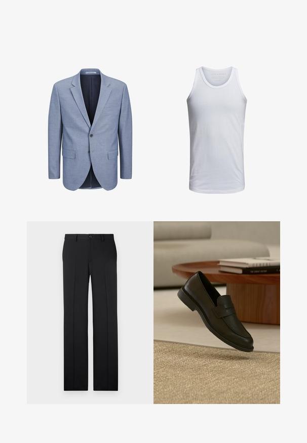 Blazer bleu clair en tissu texturé, à boutonnage simple, avec un col cranté, deux poches avant et une doublure intérieure bleu marine.; Débardeur en coton blanc avec un col rond, des bretelles larges et un marquage minimal imprimé à l'intérieur du col. Texture douce, coupe décontractée.; Pantalons noirs ajustés avec une coupe droite, en tissu lisse, avec des plis avant et une fermeture à bouton unique à la taille.; Chaussure mocassin en cuir noir présentée en suspension au-dessus d'un tapis beige tissé, avec une table en bois et des livres empilés dans un salon doucement éclairé.
