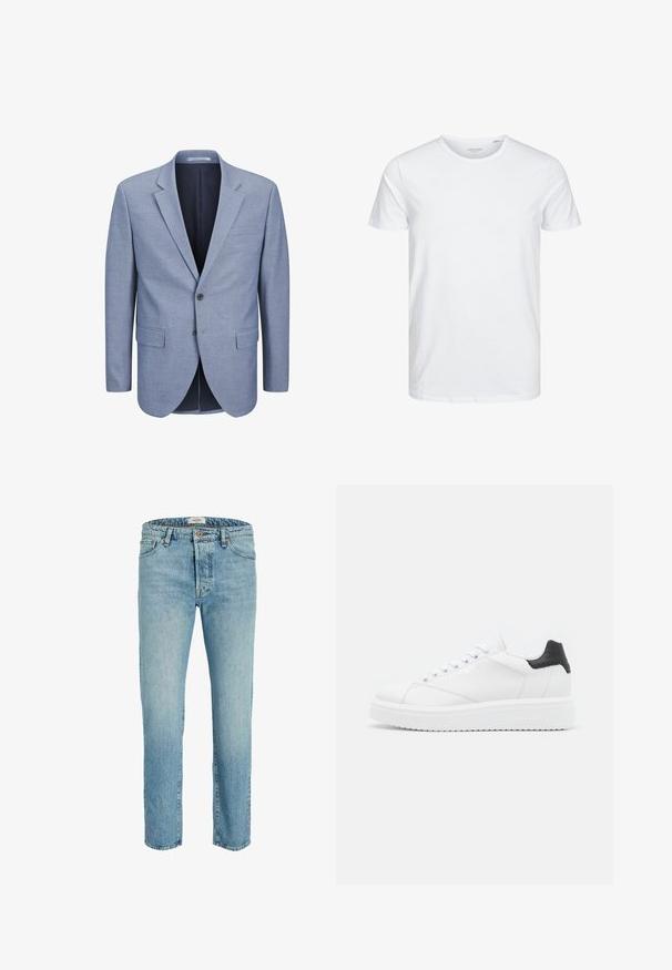 Blazer bleu clair en tissu texturé, à boutonnage simple, avec un col cranté, deux poches avant et une doublure intérieure bleu marine.; T-shirt à col rond à manches courtes de couleur blanche unie, fabriqué en coton doux, avec un design simple sans motifs ni accents visibles.; Jeans en denim bleu clair avec une coupe droite, style cinq poches classique et fermeture à bouton à la taille.; Baskets en cuir blanc avec un empiècement noir à l'arrière, lacets plats, semelle intermédiaire texturée et logo sur le côté extérieur. Conçues pour une utilisation décontractée.