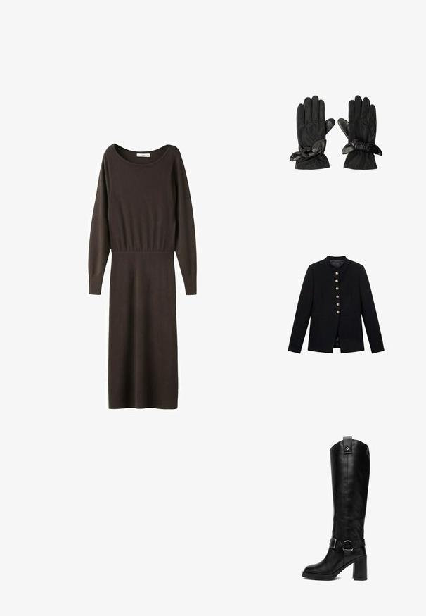 Zwarte jas met hoge kraag, voorzien van zeven gouden knopen aan de voorkant, nauwsluitend ontwerp, gladde textuur en getailleerde silhoutte.; Donkerbruin, gebreide midi-jurk met lange mouwen, een ronde halslijn en een getailleerde taille.; Hoge zwarte leren laars met een afgeronde neus, blokhak, decoratieve gespband rond de enkel en een trektab aan de bovenkant.; Zwarte handschoenen met een leren strikdetail op de pols, getoond vanaf de voorkant met uitgestrekte vingers en duimen.