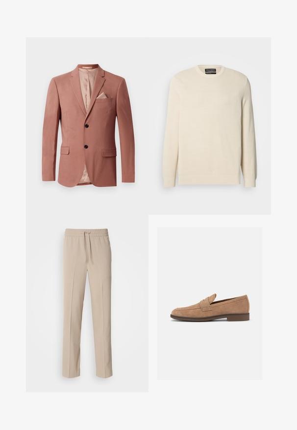 Blazer bordeaux avec deux poches frontales, fermeture à un bouton, revers pointus et doublure en satin. Comprend un mouchoir assorti.; Pull en maille beige clair avec col rond, manches longues et un motif texturé subtil. Il comporte un emblème sur la poitrine et un ourlet côtelé.; Pantalons beiges, coupe décontractée, fabriqués en tissu doux, dotés d'une taille élastique avec cordon de serrage et de jambes droites avec des accents minimalistes.; Mocassin pour homme en daim marron clair avec talon bas, bout arrondi et détail d'une bride sur le dessus.