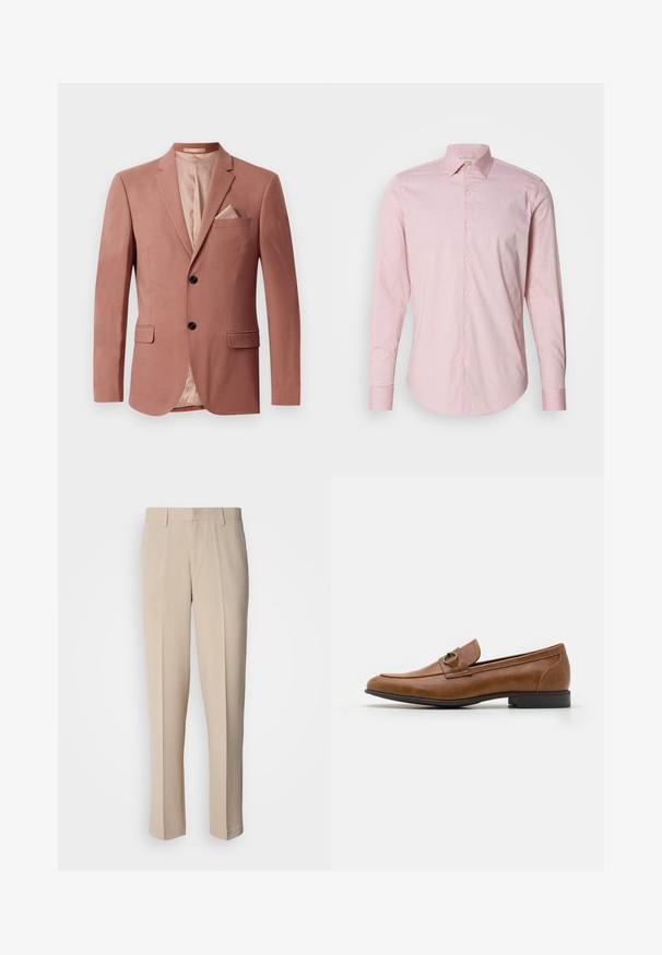 Blazer bordeaux avec deux poches frontales, fermeture à un bouton, revers pointus et doublure en satin. Comprend un mouchoir assorti.; Chemise boutonnière rose clair avec un motif rayé subtil, manches longues, col évasé et ourlet arrondi. Présente des boutons de couleur crème.; Pantalon beige sur mesure avec une coupe droite, fabriqué dans un tissu lisse. Il présente un devant plat et une ceinture standard avec passants pour ceinture.; Mocassins en cuir marron avec un talon plat, ornés d'un accent métallique décoratif à l'avant, au design épuré et à la texture lisse.