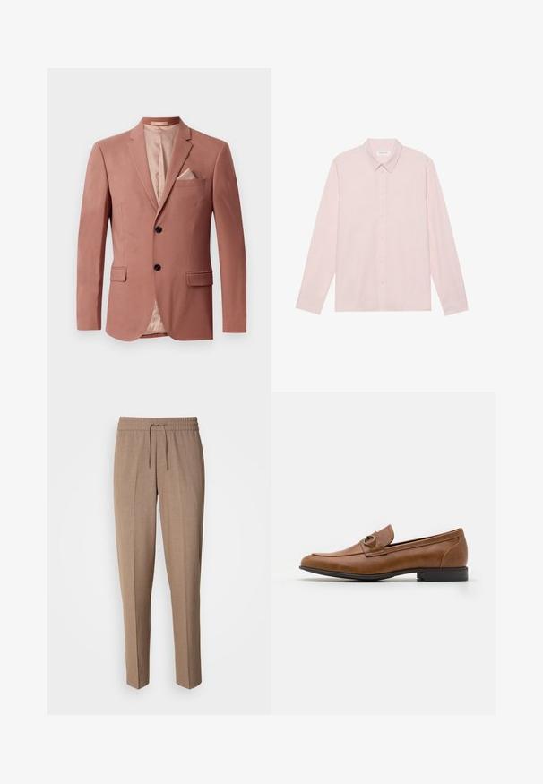 Blazer bordeaux avec deux poches frontales, fermeture à un bouton, revers pointus et doublure en satin. Comprend un mouchoir assorti.; Chemise à manches longues boutonnière rose clair avec un col pointu, fabriquée en tissu lisse, dotée d'une fermeture à boutons sur le devant et d'un design minimaliste.; Pantalons en tissu tissé brun, avec une coupe décontractée, taille à cordon de serrage et plis à l'avant. Jambes droites et sans poches ni éléments en métal visibles.; Mocassins en cuir marron avec un talon plat, ornés d'un accent métallique décoratif à l'avant, au design épuré et à la texture lisse.