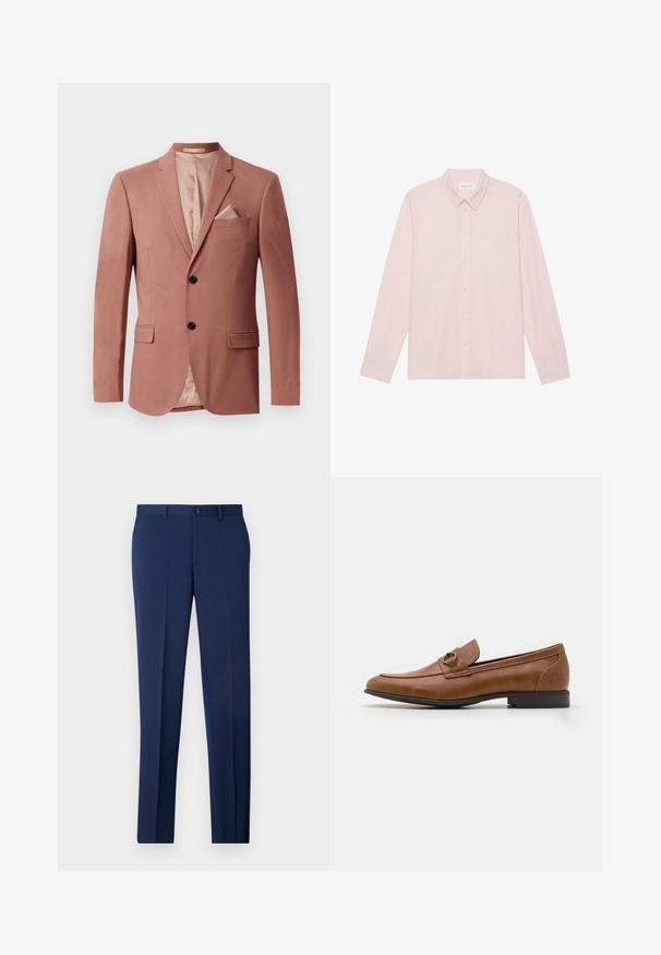 Blazer bordeaux avec deux poches frontales, fermeture à un bouton, revers pointus et doublure en satin. Comprend un mouchoir assorti.; Chemise à manches longues boutonnière rose clair avec un col pointu, fabriquée en tissu lisse, dotée d'une fermeture à boutons sur le devant et d'un design minimaliste.; Pantalons formels marine à coupe ajustée, design à plat sur le devant et texture lisse. Comprend une fermeture à bouton unique et des passants de ceinture.; Mocassins en cuir marron avec un talon plat, ornés d'un accent métallique décoratif à l'avant, au design épuré et à la texture lisse.