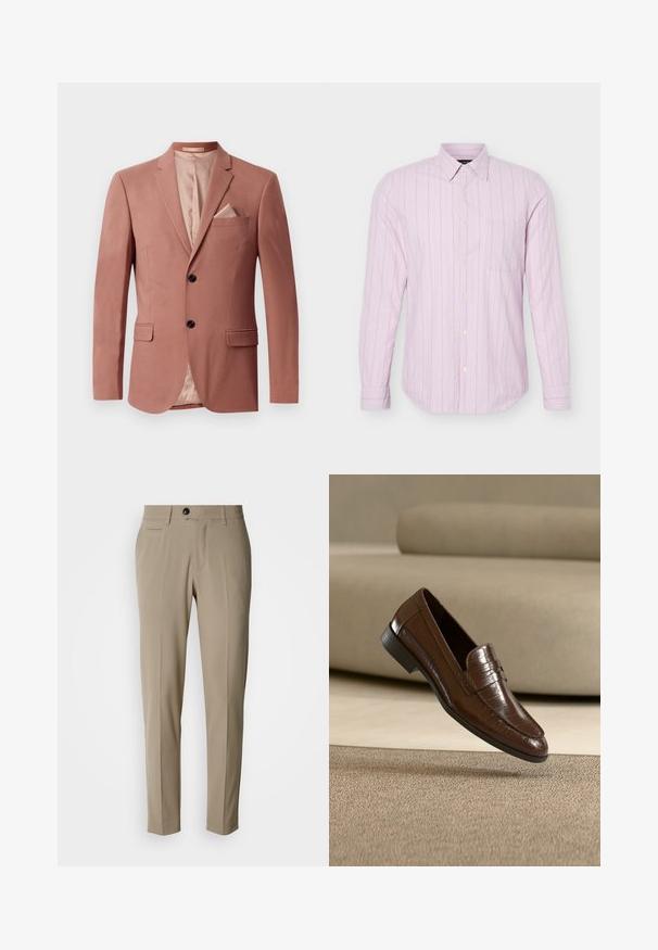 Blazer bordeaux avec deux poches frontales, fermeture à un bouton, revers pointus et doublure en satin. Comprend un mouchoir assorti.; Chemise rose clair à manches longues avec fines rayures verticales blanches et une poche poitrine unique, présentée sur un fond blanc.; Pantalons beige sur mesure avec un devant plat, des poches latérales, des passants pour ceinture et une fermeture à un seul bouton noir. Texture de tissu lisse.; Mocassin en cuir marron avec un motif texturé flottant au-dessus d'un tapis beige avec un canapé beige assorti en arrière-plan.