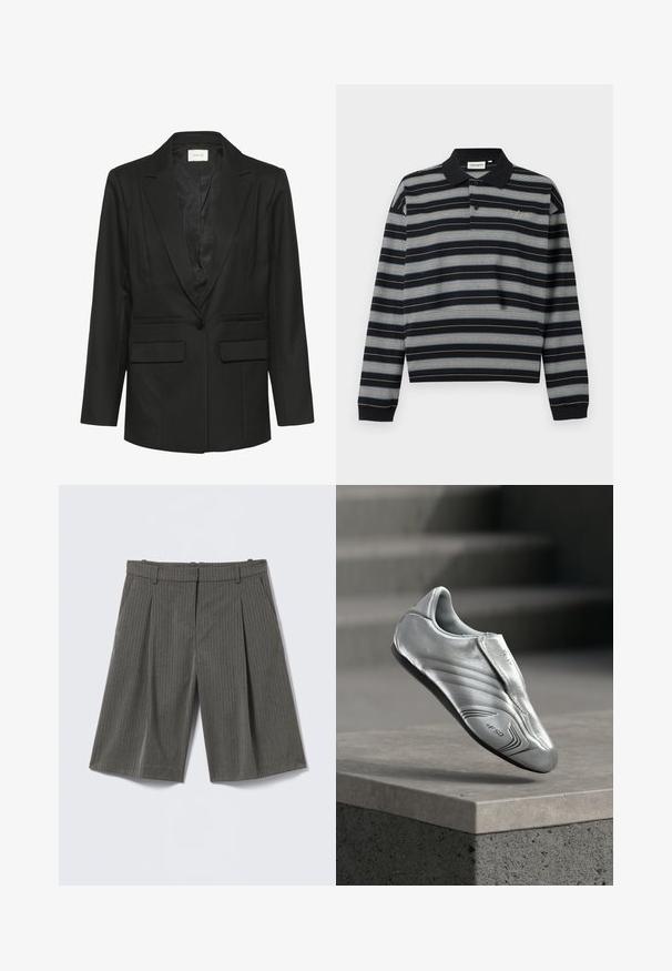 Blazer noir avec revers, fermeture à un bouton, deux poches avant, coupe ajustée et texture lisse. Intérieur doublé assorti en noir.; Polo noir à manches longues avec des rayures horizontales blanches et grises, patte à deux boutons et logo brodé sur la poitrine.; Shorts ajustés gris à fines rayures, longueur au genou, avec poches latérales, passants pour ceinture et plis à l'avant, posés à plat sur un fond clair.; Chaussure de football argentée en cuir lisse et élégant, à la forme profilée, avec des lignes de texture subtiles et une semelle en caoutchouc noire. Marquage +F50 notable.