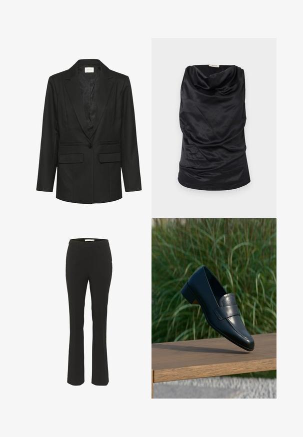 Blazer noir avec revers, fermeture à un bouton, deux poches avant, coupe ajustée et texture lisse. Intérieur doublé assorti en noir.; Haut noir à col bateau en tissu lisse, avec un design drapé, une texture douce et une silhouette ajustée. Finition sans couture le long de l'ourlet.; Pantalons noirs ajustés avec une coupe slim, bas évasé, devant plat et sans poches visibles. Fabriqués en tissu lisse avec des coutures minimales.; Mocassin en cuir noir à talon bas, en équilibre sur le bord d'un banc en bois à l'extérieur, avec de l'herbe verte et haute en arrière-plan.