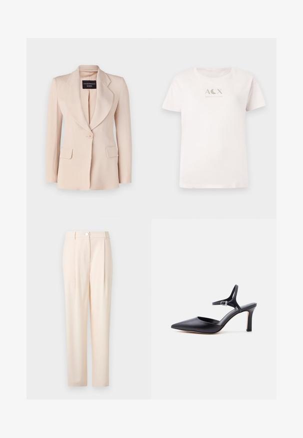Lys pink blazer med skræddersyet pasform, klapkraver, enkelt knaplukning og to forreste påsyede lommer. Lavet af ribbet stof.; Lyserød bomulds t-shirt med korte ærmer og rund hals, som har et metallic sølvfarvet "ACX ARMANI EXCHANGE" logo på forsiden.; Lys beige bukser med skræddersyet design, fremhævet af en frontlukning, glat stof, lige benform og ingen synlige mønstre eller detaljer.; Sort spids højhælet sko med tynd ankelrem og sølvspænde, glat læderfinish, elegant damesko.