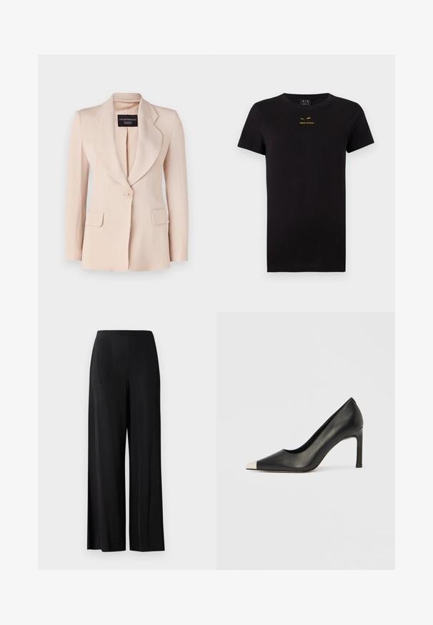 Lys pink blazer med skræddersyet pasform, klapkraver, enkelt knaplukning og to forreste påsyede lommer. Lavet af ribbet stof.; Sort kortærmet T-shirt lavet af bomuld. Har et trykt guldlogo på brystet. Klassisk runde hals design. Blød tekstur.; Sorte, brede bukser lavet af glat stof, med en høj talje og uden synlige lommer eller hardware. Gulvlængde design.; Sort læder højhælet sko med spids tå og metal-sølv hætte. Har en glat finish og en slank hæl på 10 cm.