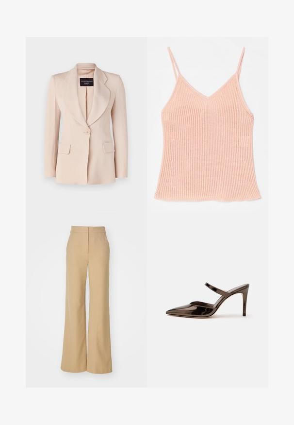 Lys pink blazer med skræddersyet pasform, klapkraver, enkelt knaplukning og to forreste påsyede lommer. Lavet af ribbet stof.; Peachfarvet strikket tanktop med tynde justerbare stropper, V-halsdesign, ribbet tekstur og lige kant.; Veronica Beard TONELLI PANT - Bukser - dark camel/light camel; Skinnende mørkebrune mule med spids tå og høje hæle med en tynd rem over foden på en ensfarvet hvid baggrund.